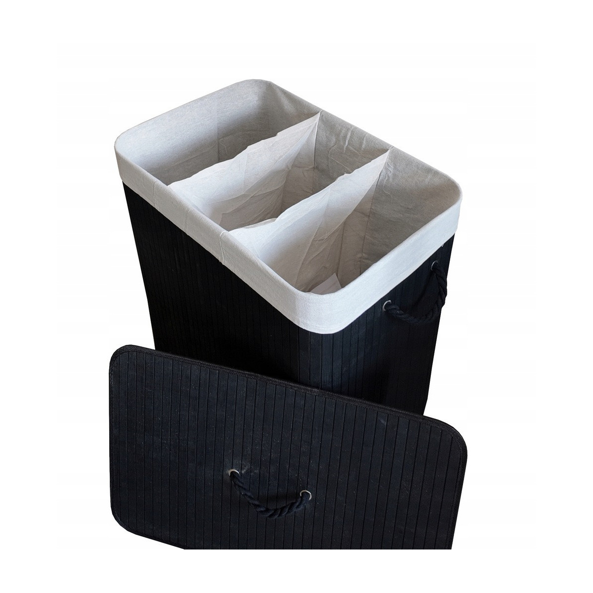 Coș de rufe mare, negru, din bambus, de 150l, cu trei compartimente și capac.