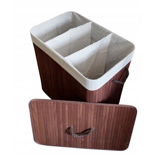 Coș de rufe maro cu trei compartimente și capac, 150l