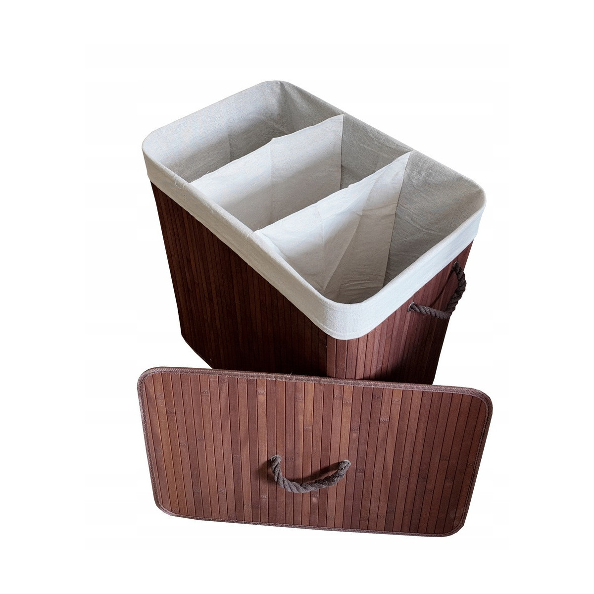 Coș de rufe maro cu trei compartimente și capac, 150l