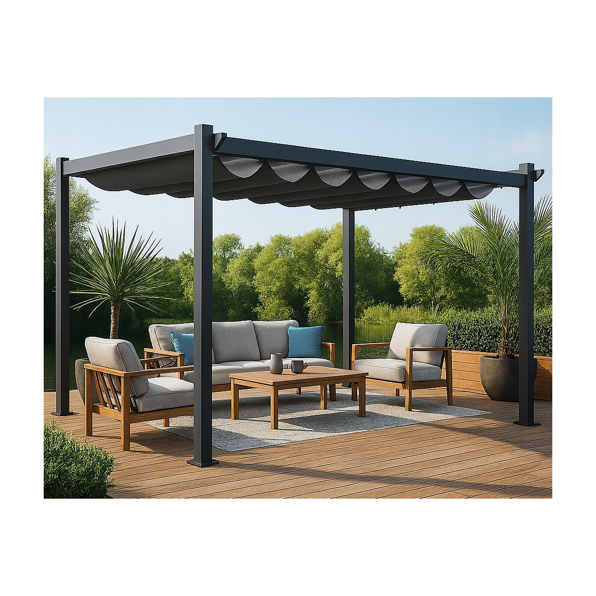 Pergolă metalică de grădină pentru terasă, cu dimensiunea de 3x4, de culoare gri.