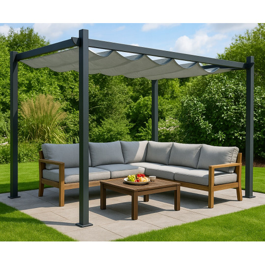 Pergolă metalică de grădină pentru terasă, cu dimensiunea de 3x4, de culoare gri.