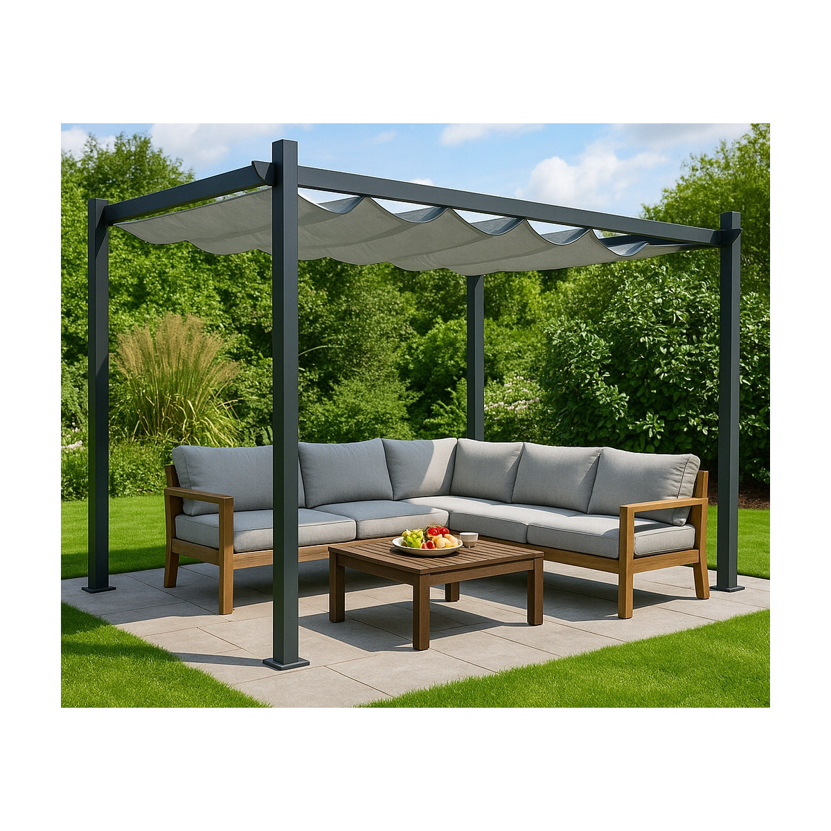 Pergolă metalică de grădină pentru terasă, cu dimensiunea de 3x4, de culoare gri.