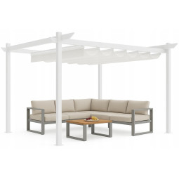 Pergolă de grădină 3x4 m metalică pentru terasă, foișor cu acoperiș, construcție și acoperiș alb.