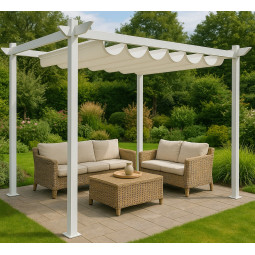 Pergolă de grădină 3x4 m metalică pentru terasă, foișor cu acoperiș, construcție și acoperiș alb.