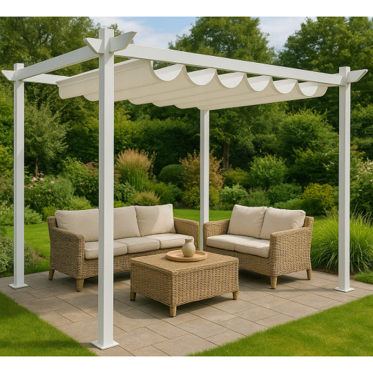 Pergolă de grădină 3x4 m metalică pentru terasă, foișor cu acoperiș, construcție și acoperiș alb.