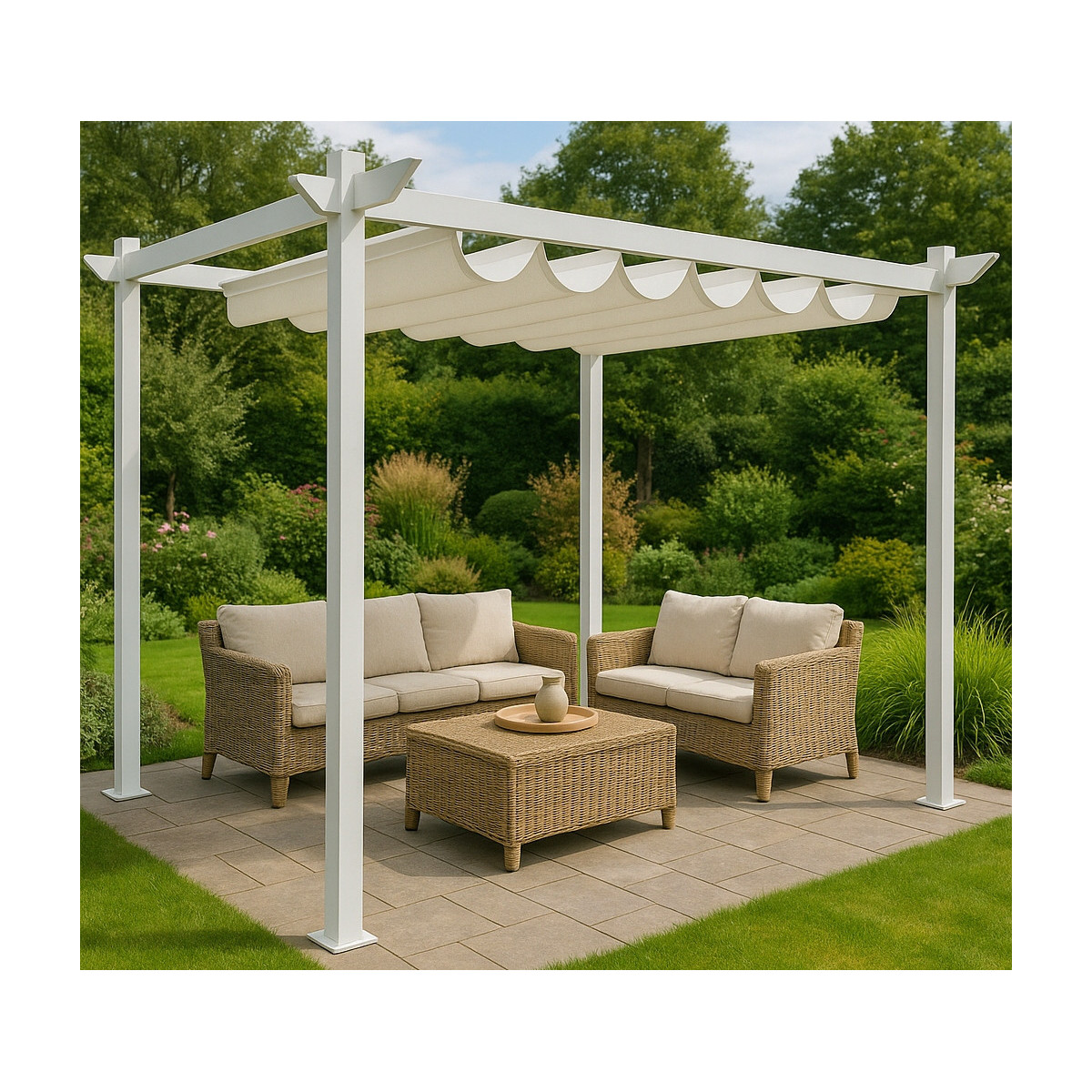 Pergolă de grădină 3x4 m metalică pentru terasă, foișor cu acoperiș, construcție și acoperiș alb.