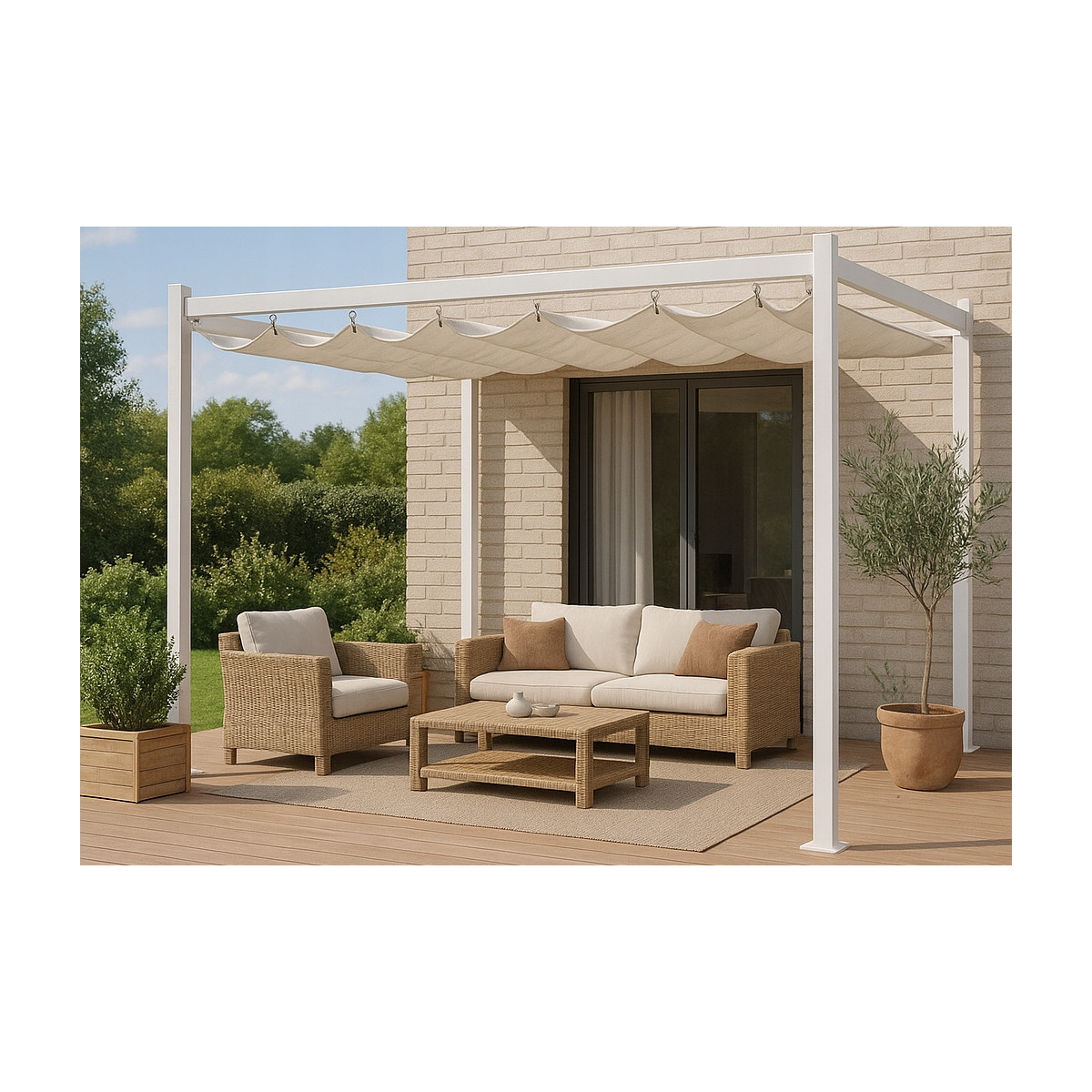Pergolă de grădină 3x4 m metalică pentru terasă, foișor cu acoperiș, construcție și acoperiș alb.