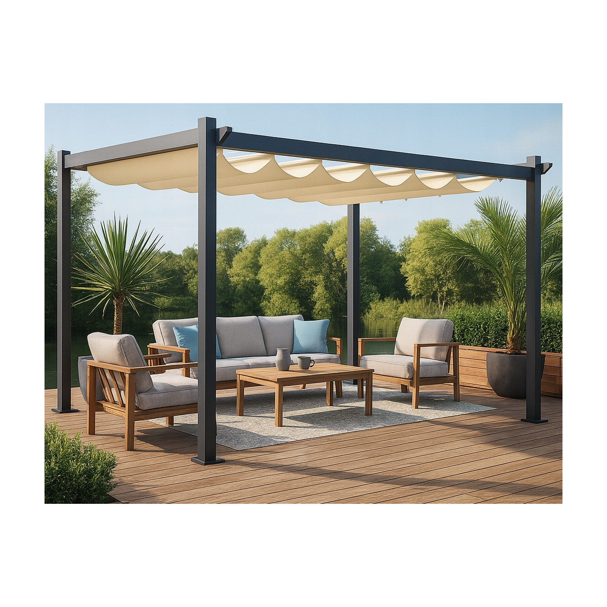 Pergolă metalică de grădină cu dimensiunea de 3x4 m pentru terasă, foișor cu acoperiș, construcție gri, acoperiș bej
