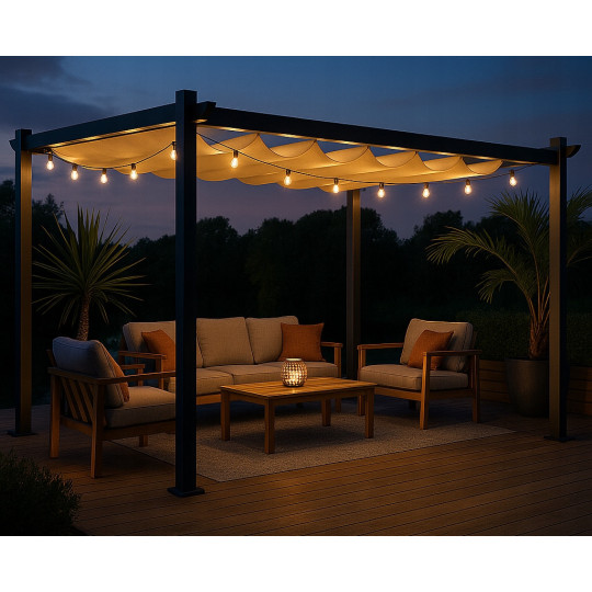 Pergolă metalică de grădină cu dimensiunea de 3x4 m pentru terasă, foișor cu acoperiș, construcție gri, acoperiș bej