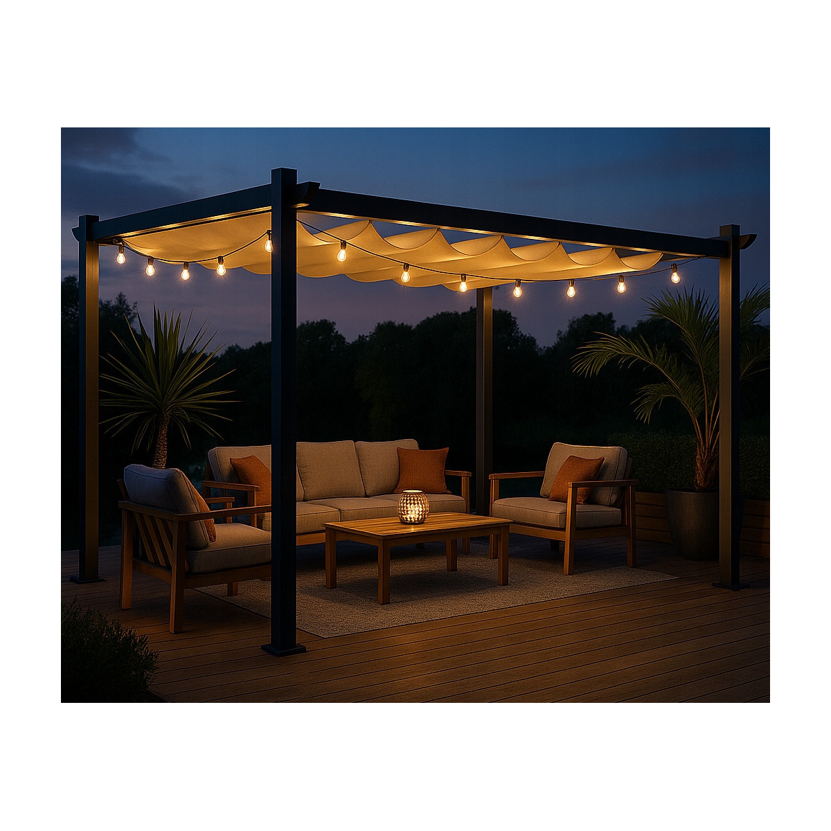 Pergolă metalică de grădină cu dimensiunea de 3x4 m pentru terasă, foișor cu acoperiș, construcție gri, acoperiș bej