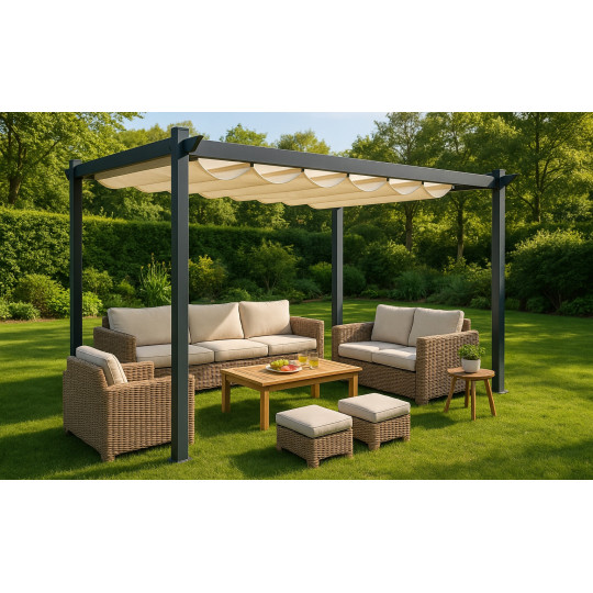 Pergolă metalică de grădină cu dimensiunea de 3x4 m pentru terasă, foișor cu acoperiș, construcție gri, acoperiș bej