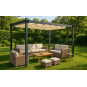 Pergolă metalică de grădină cu dimensiunea de 3x4 m pentru terasă, foișor cu acoperiș, construcție gri, acoperiș bej