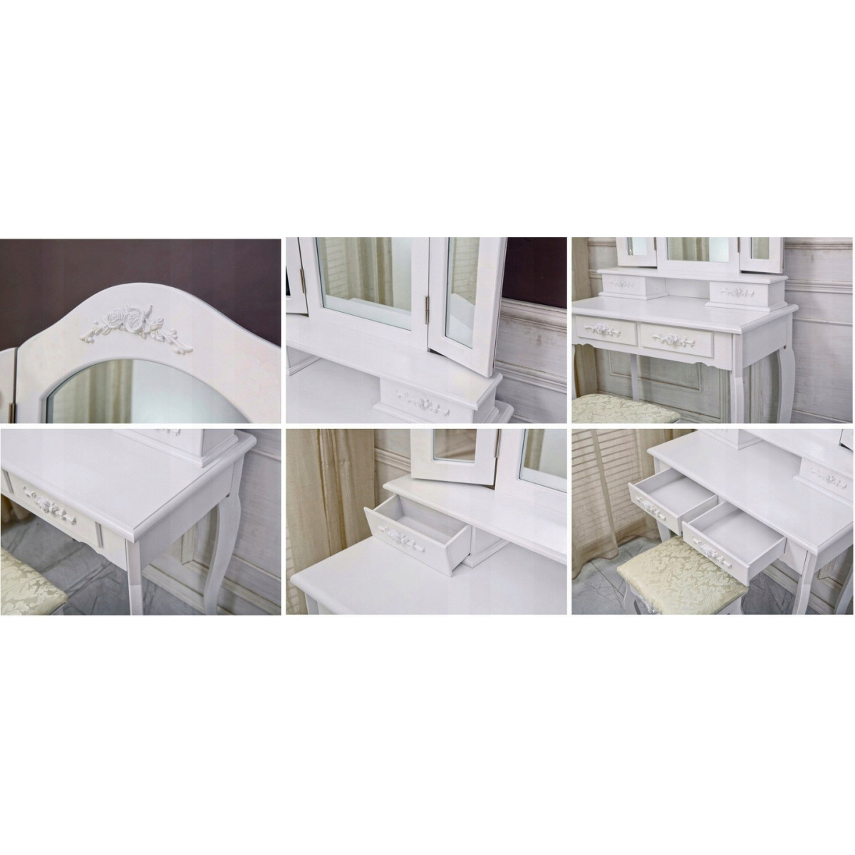 Măsuță de toală cosmetică neagră pentru machiaj cu oglindă, sertare și taburet.