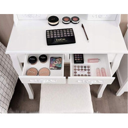 Măsuță de toală cosmetică neagră pentru machiaj cu oglindă, sertare și taburet.