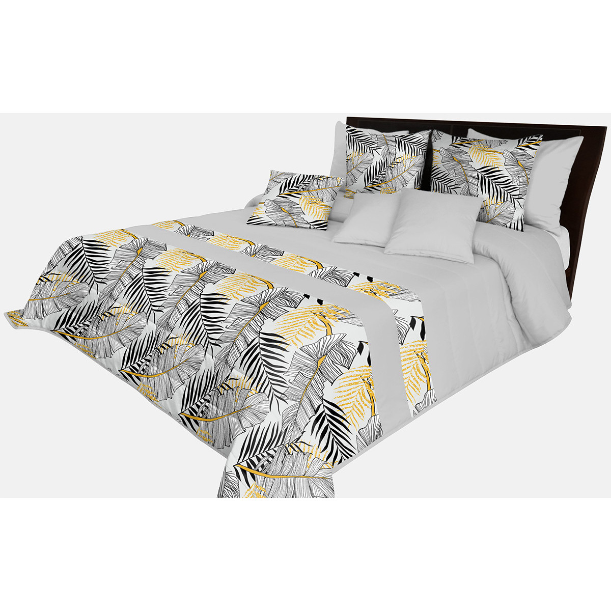 Pătură gri matlasată cu imprimeu de frunze de palmier și bananier 240x260