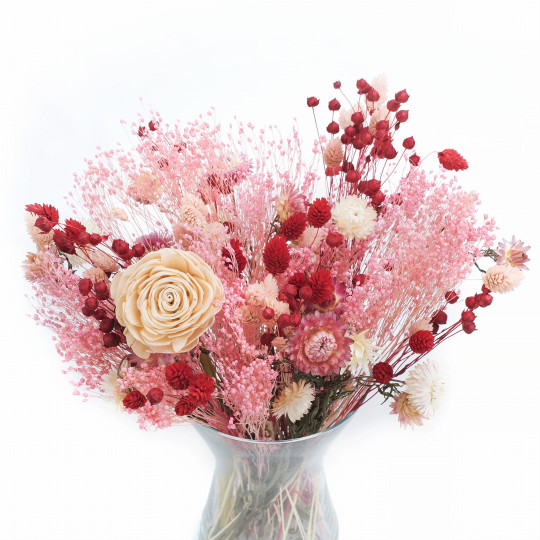 Buchetă roșie de flori uscate – in, phalaris, floare de mătură