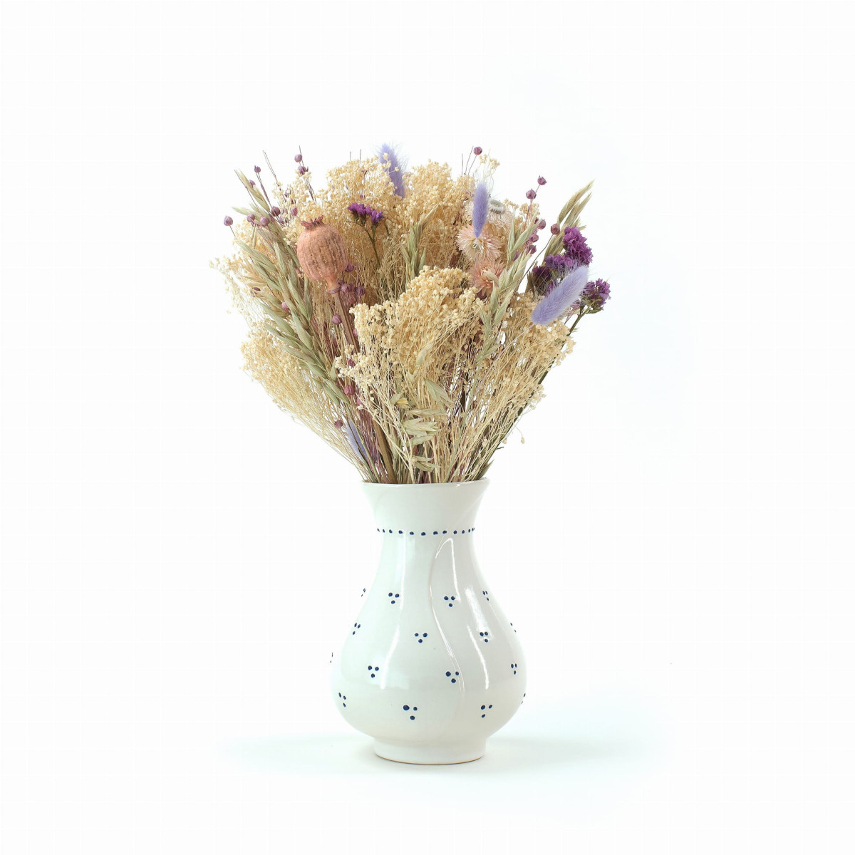 Buchet uscat Lara pentru vază – aranjament uscat în nuanțe de alb și mov
