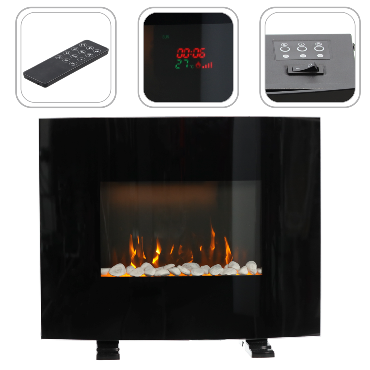 Semineu electric montat / liber cu efect de flacără 1000/2000 W – negru, 61 cm