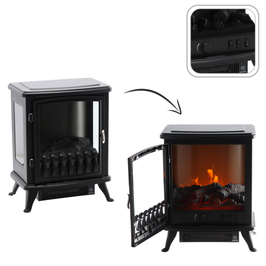 Camină electrică independentă cu efect de flacără 900/1800 W – 41,5 cm, 3 laturi vitrate