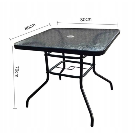 Meseu quadrat de grădină pentru terasă cu sticlă 80x80 cu deschidere pentru umbrelă.