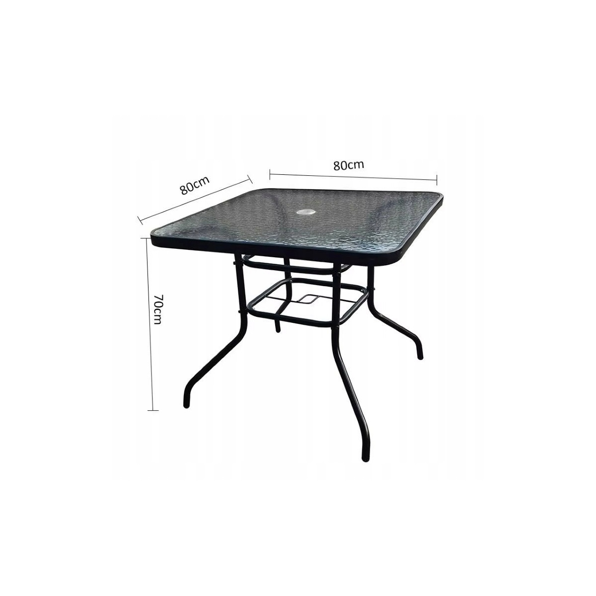 Meseu quadrat de grădină pentru terasă cu sticlă 80x80 cu deschidere pentru umbrelă.