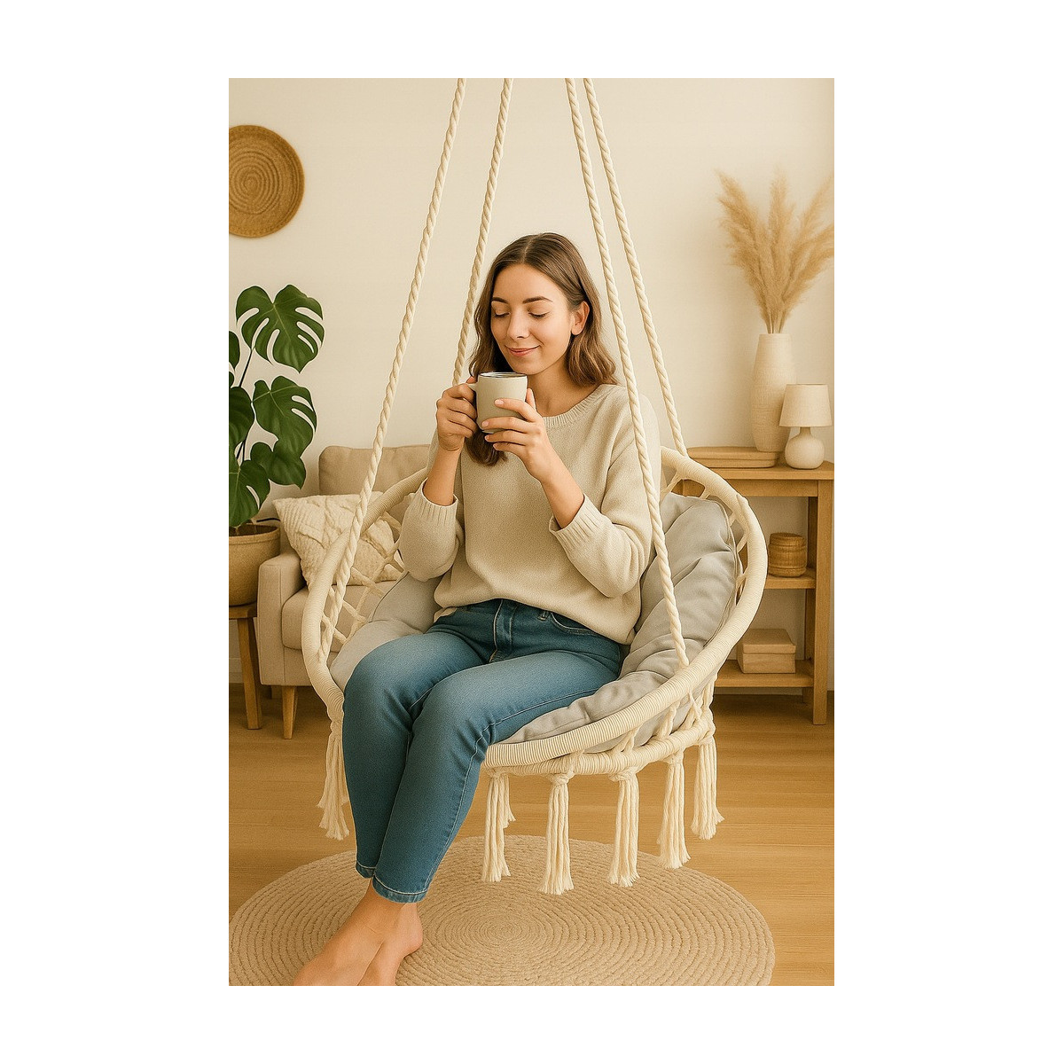 Cuib de stork negru de 80cm cu perna bej