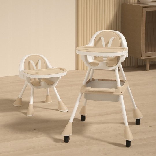 Scaun de masă pliabil 4 în 1 pentru copii cu tavă în culoare bej cu CADOU