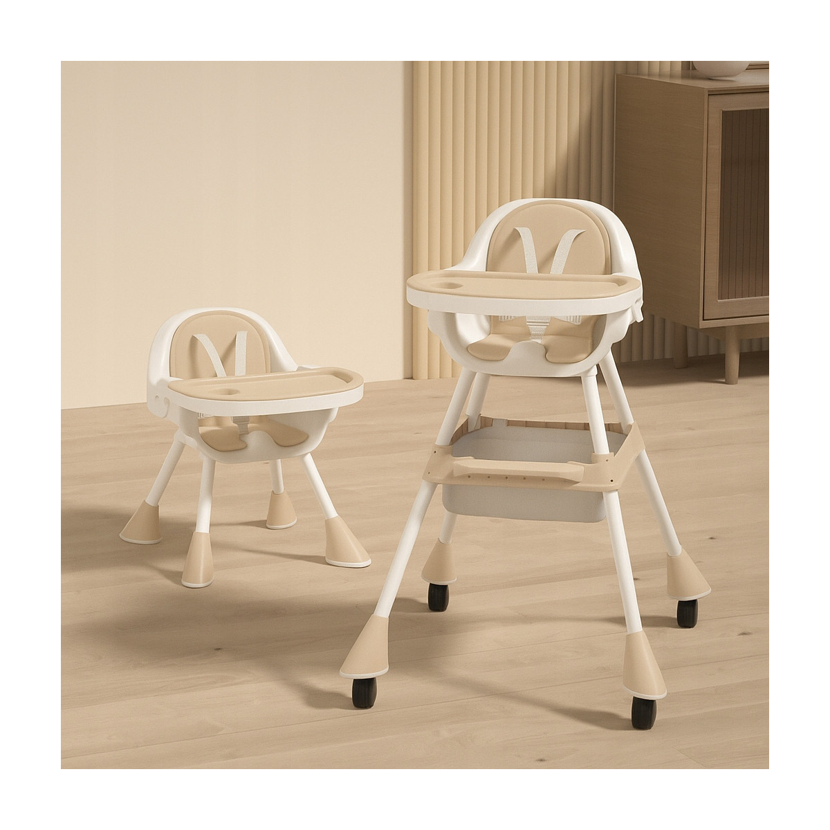 Scaun de masă pliabil 4 în 1 pentru copii cu tavă în culoare bej cu CADOU