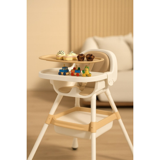 Scaun de masă pliabil 4 în 1 pentru copii cu tavă în culoare bej cu CADOU