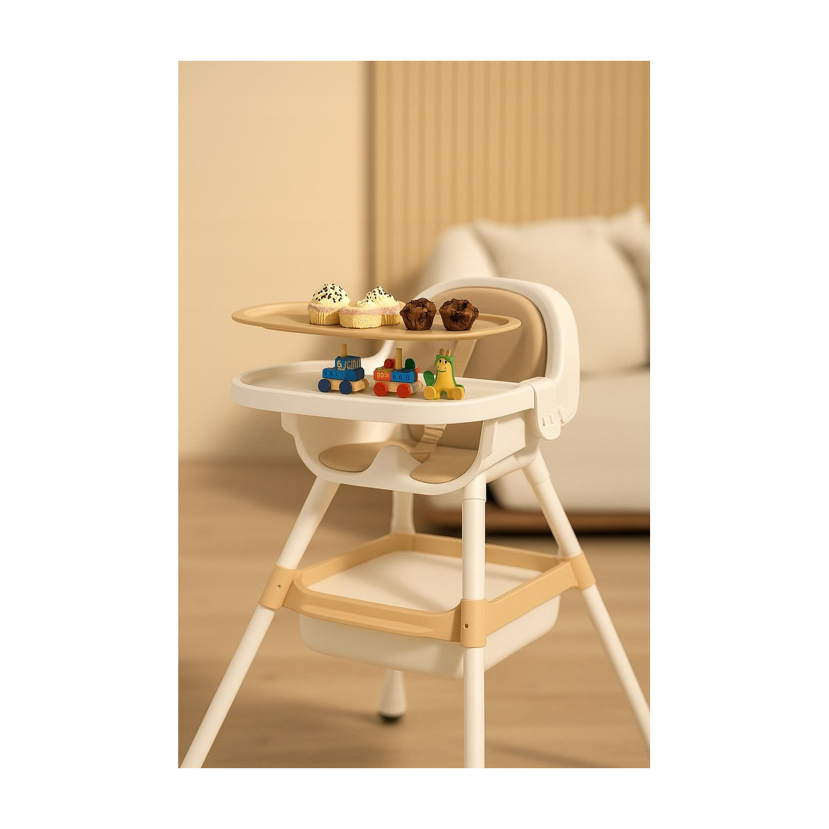 Scaun de masă pliabil 4 în 1 pentru copii cu tavă în culoare bej cu CADOU