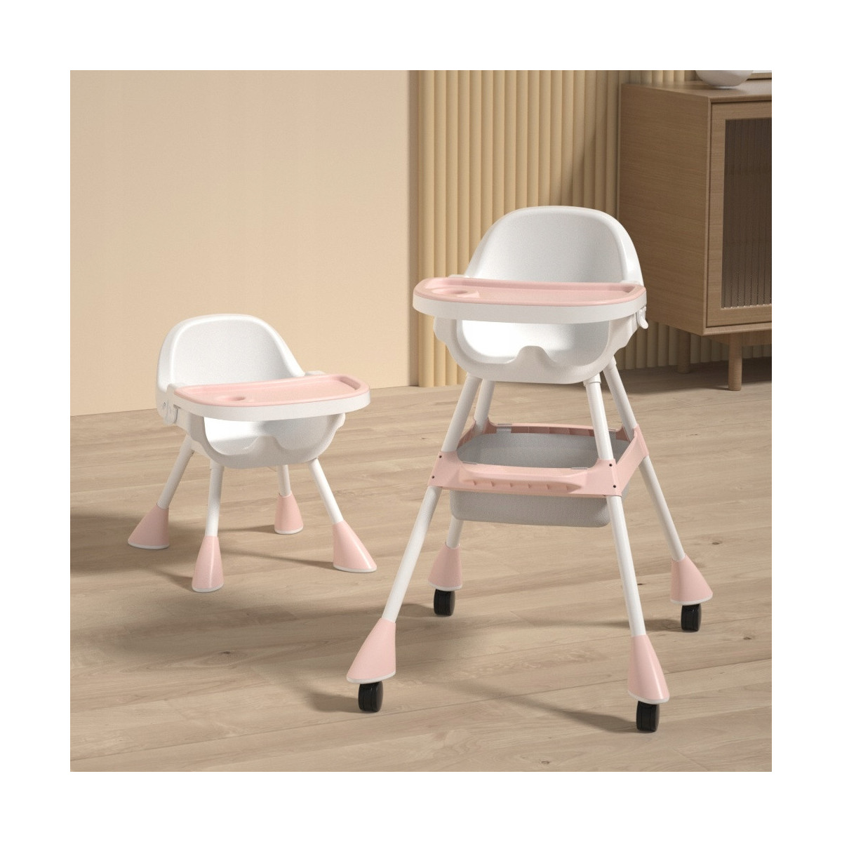 Scaun de masă pentru copii 3 în 1 de culoare roz cu tavă + cadou