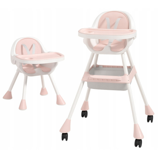Scaun de masă pentru copii 3 în 1 de culoare roz cu tavă + cadou