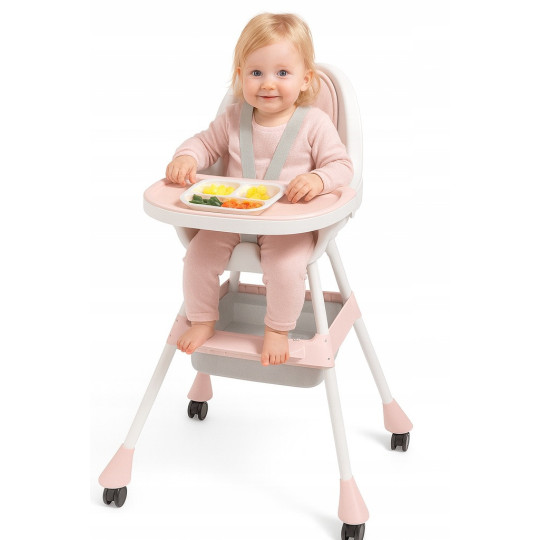 Scaun de masă pentru copii 3 în 1 de culoare roz cu tavă + cadou