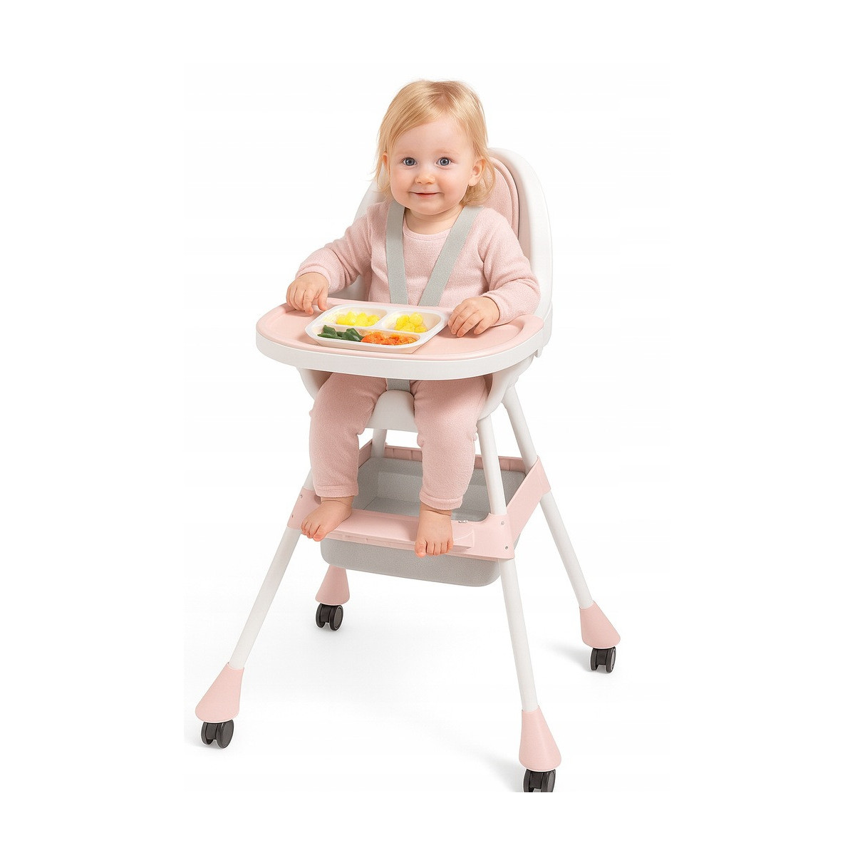 Scaun de masă pentru copii 3 în 1 de culoare roz cu tavă + cadou