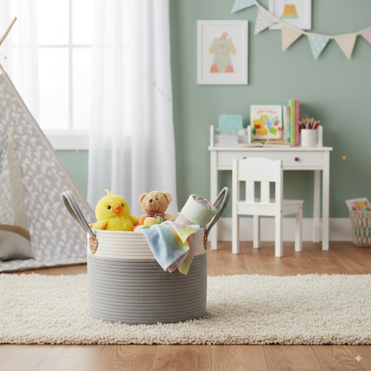 Organizator, cos de jucării, lenjerie, alb-gri 33x27