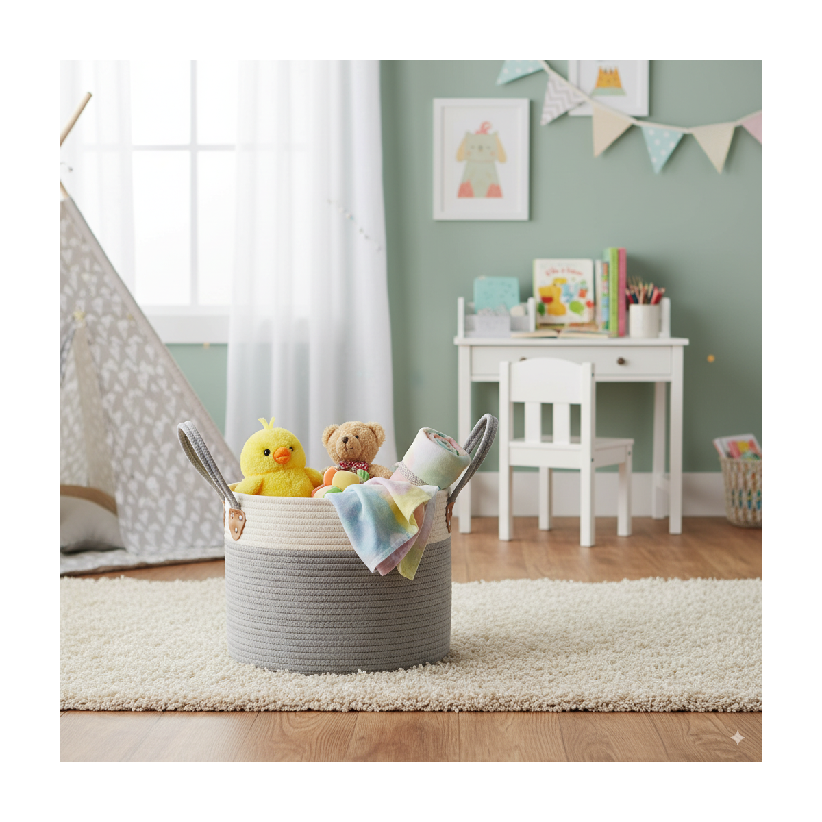 Organizator, cos de jucării, lenjerie, alb-gri 33x27