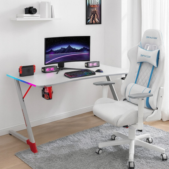 Birou de gaming modernă, cu LED, 120 cm, albă