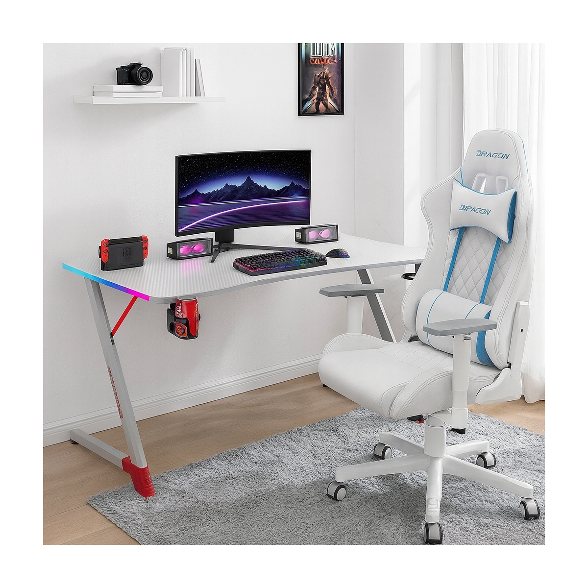 Birou de gaming modernă, cu LED, 120 cm, albă