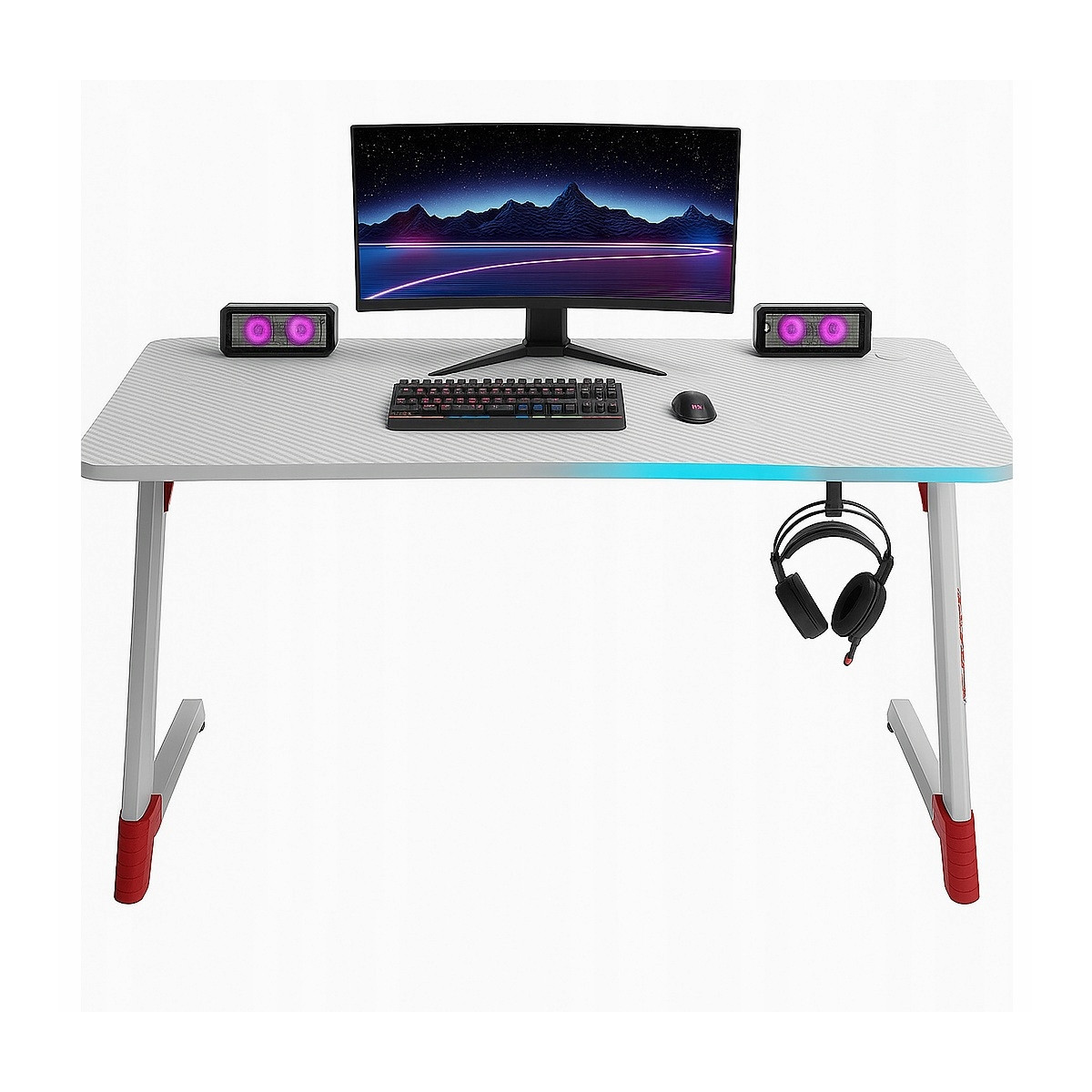 Birou de gaming modernă, cu LED, 120 cm, albă
