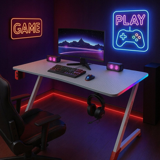 Birou de gaming modernă, cu LED, 120 cm, albă