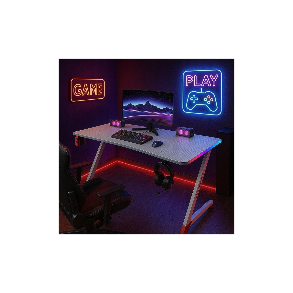 Birou de gaming modernă, cu LED, 120 cm, albă