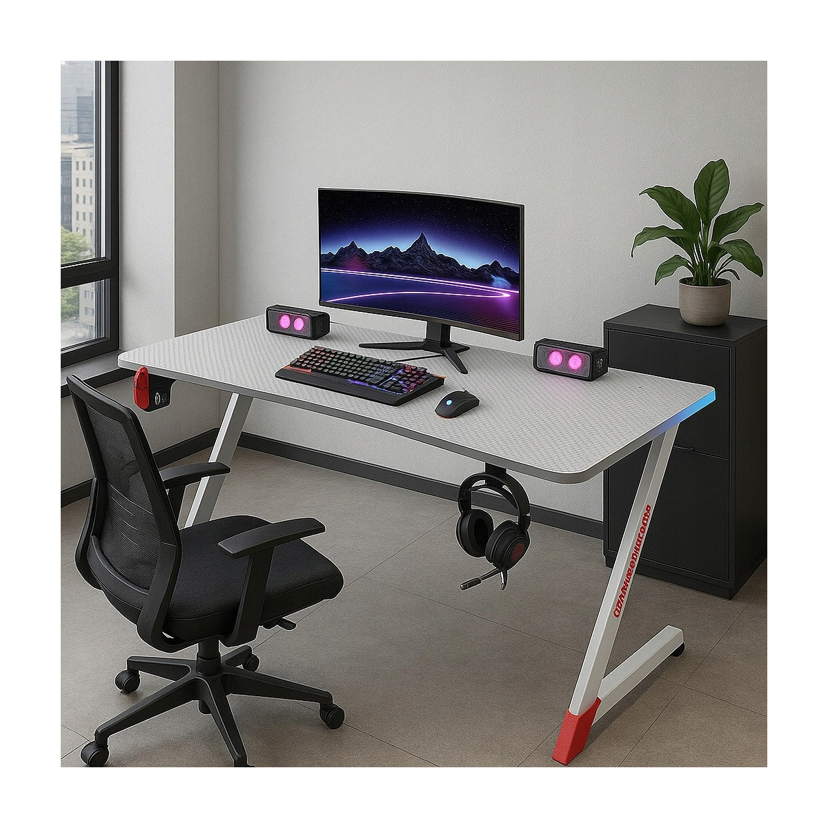 Birou de gaming modernă, cu LED, 120 cm, albă