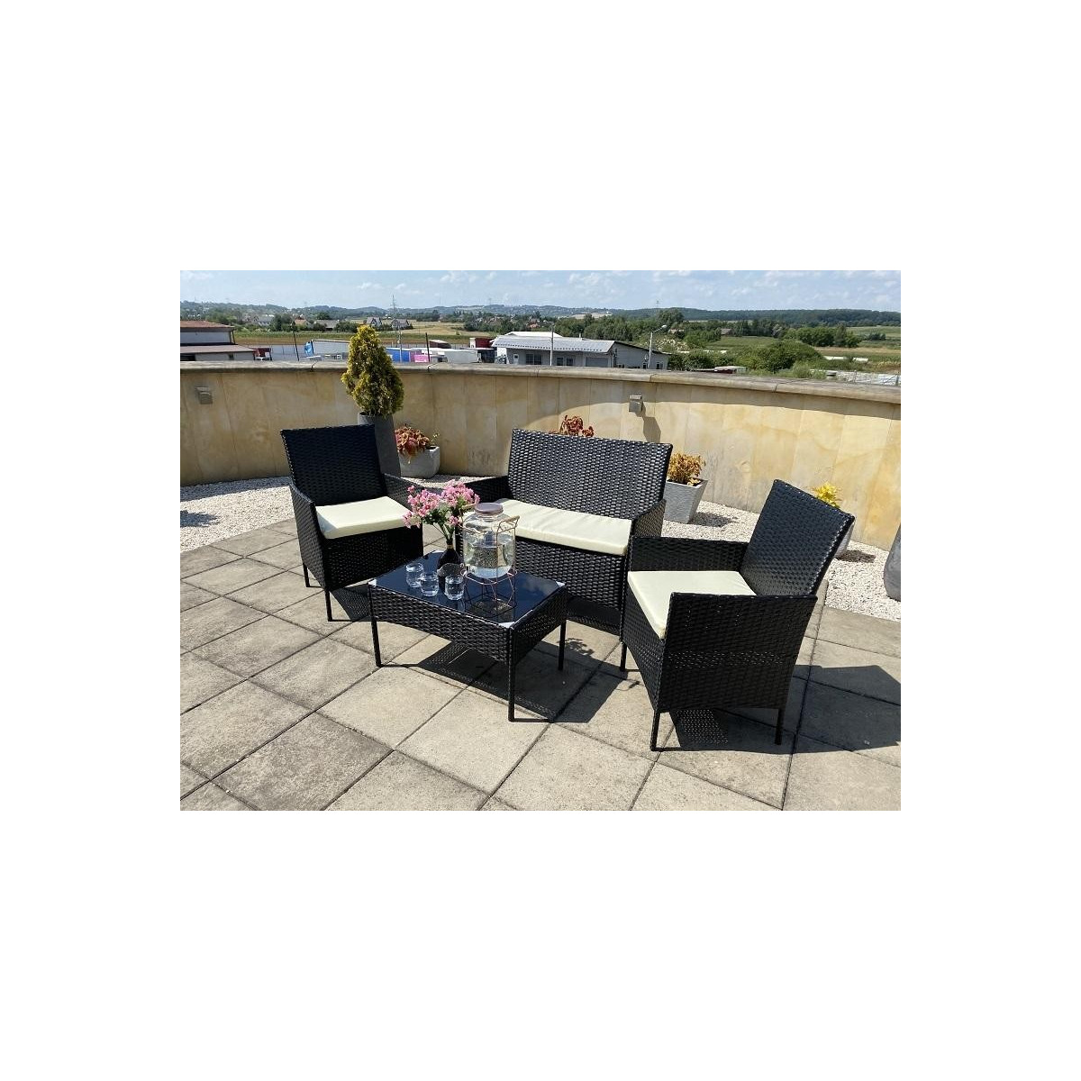 Mobilier de grădină din ratan negru cu perne