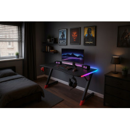 Masa de joc modernă, de culoare neagră, 140 cm, LED