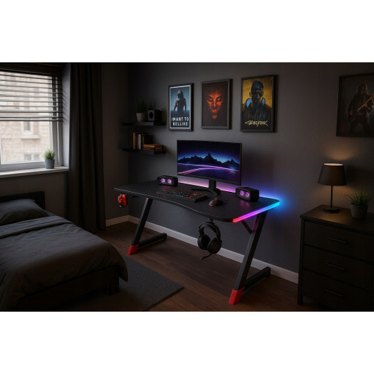 Masa de joc modernă, de culoare neagră, 140 cm, LED