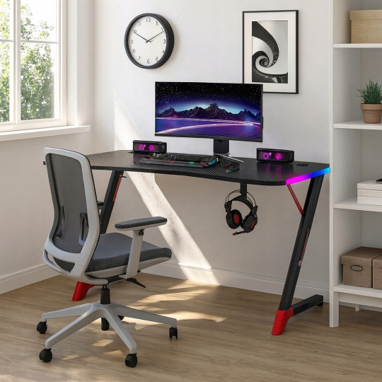 Masa de joc modernă, de culoare neagră, 140 cm, LED