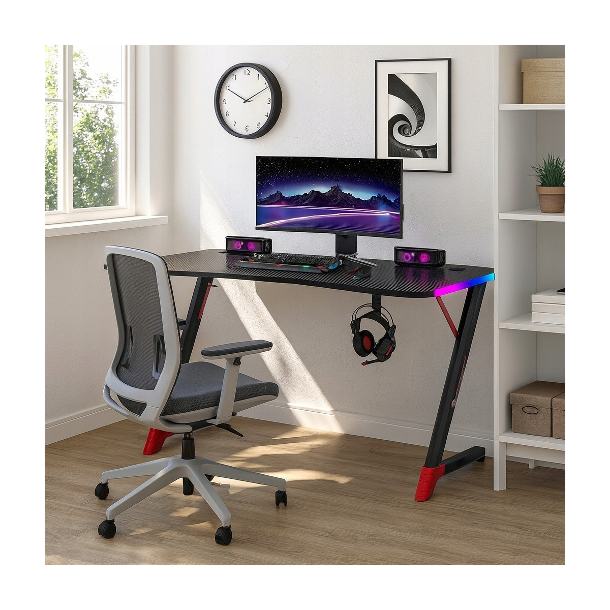 Masa de joc modernă, de culoare neagră, 140 cm, LED