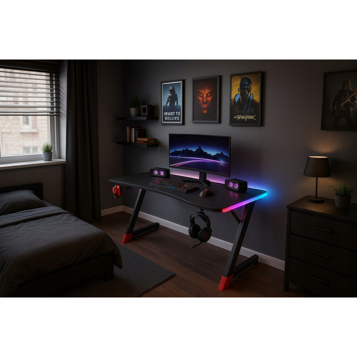 Masă de joc cu iluminare LED, de culoare neagră, 120 cm