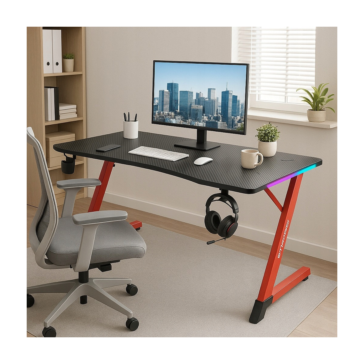 Masă de joc neagră cu picioare roșii, 120cm, led