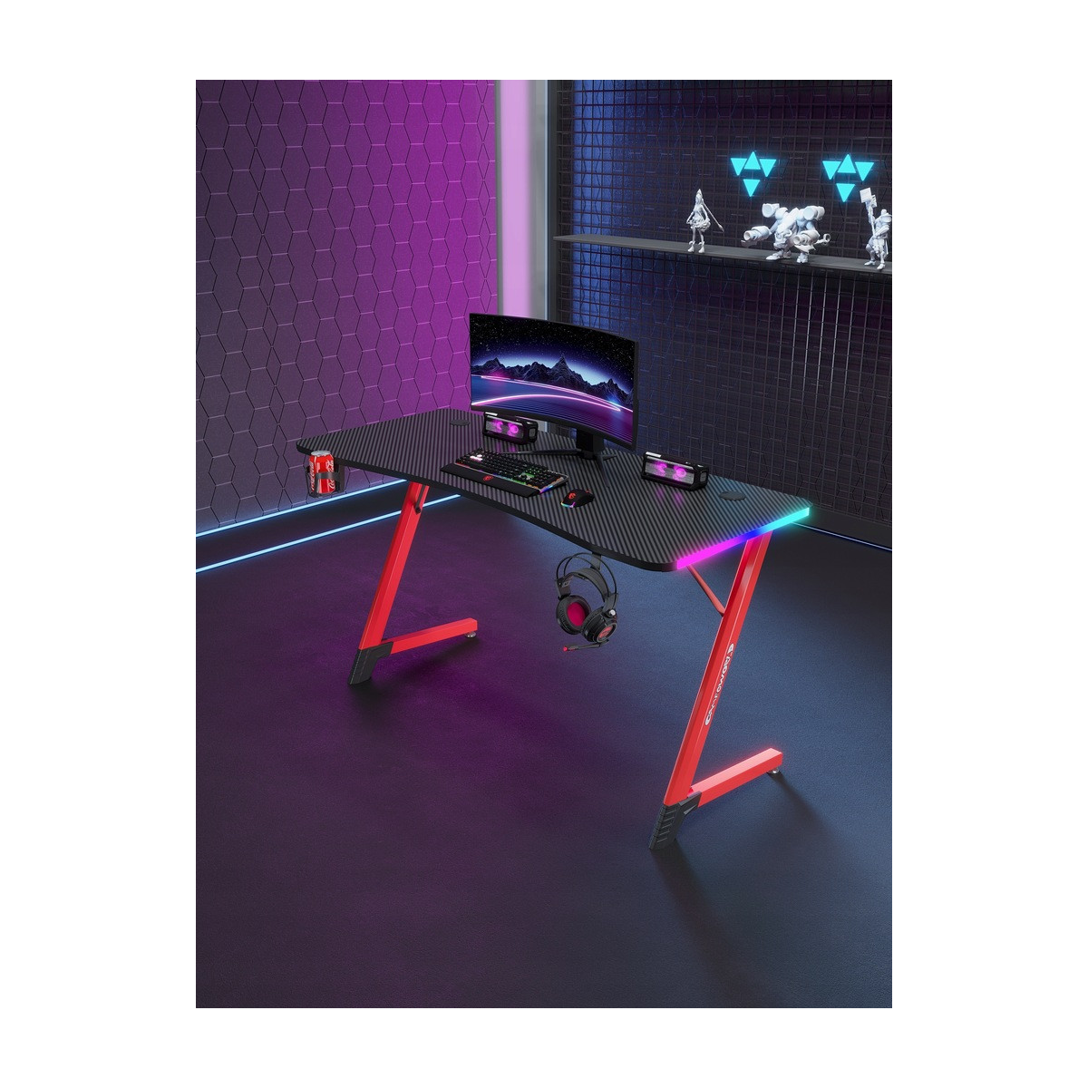 Masă de joc neagră cu picioare roșii, 120cm, led